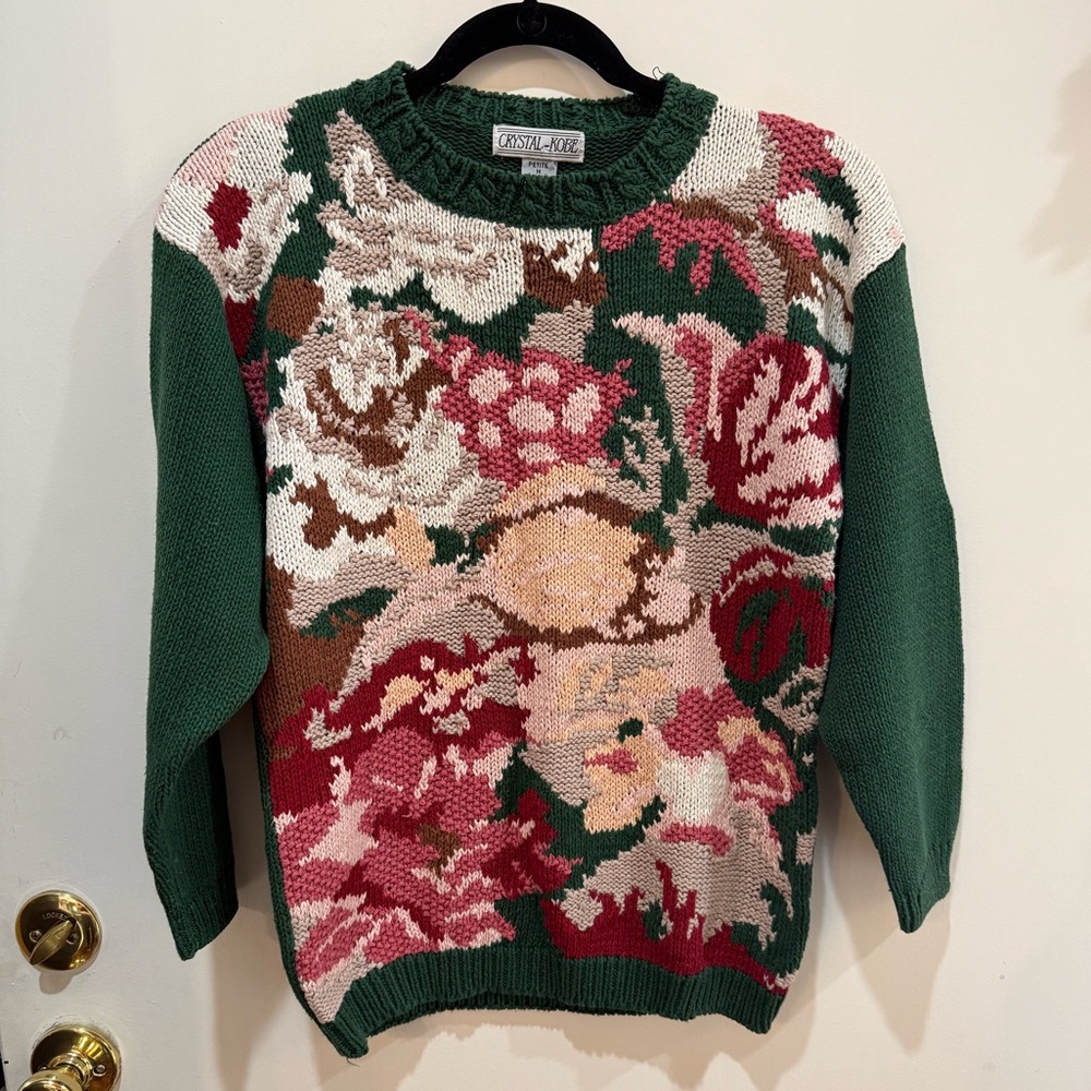 Vintage 80s Crystal Kobe Knit Sweater Green with Floral Design Petite M